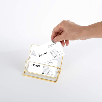 Clear Glass Business Card Holder with gold edge on a desk, showing easy card access for welcoming guests