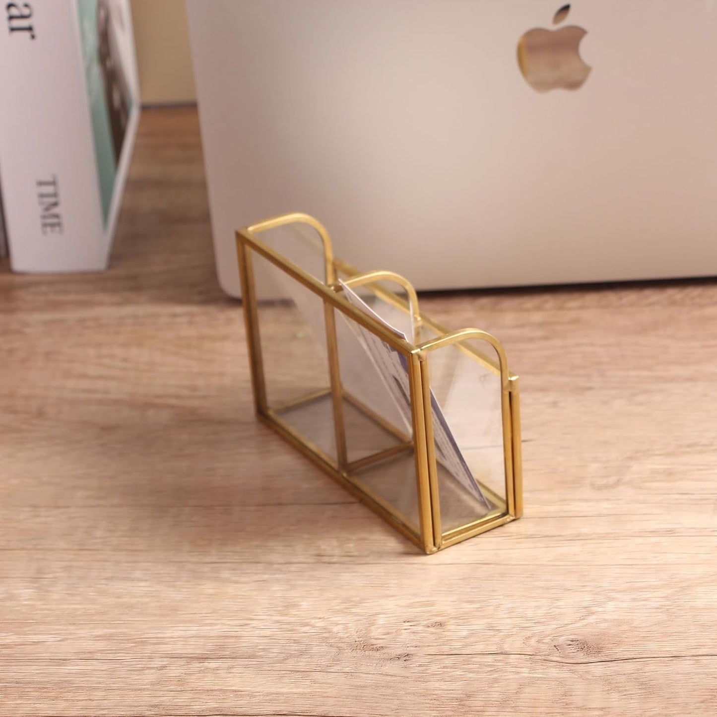 Business Card Holder with gold edge displayed from the back on a desk, highlighting its elegant design