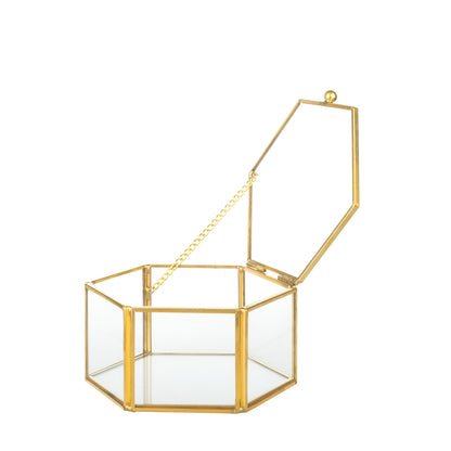 Gold Glass Decorative Box with an open side view featuring a gold chain lid connection and elegant frame