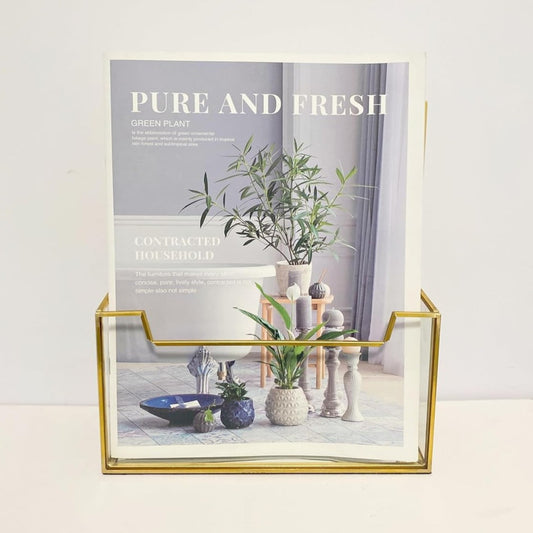 Feyarl Brochure Holder featuring a gold frame and angled design for displaying flyers, menus and booklets