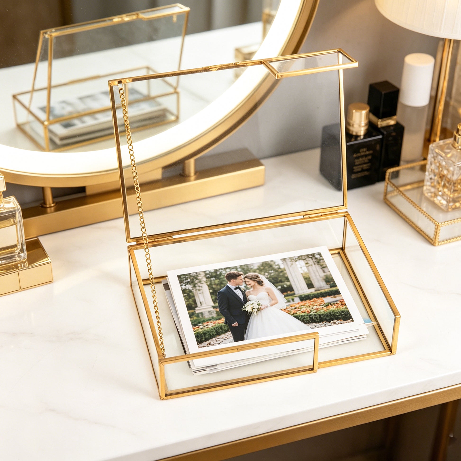 Glass Keepsake Box with wedding photos creating an elegant display for treasured memories