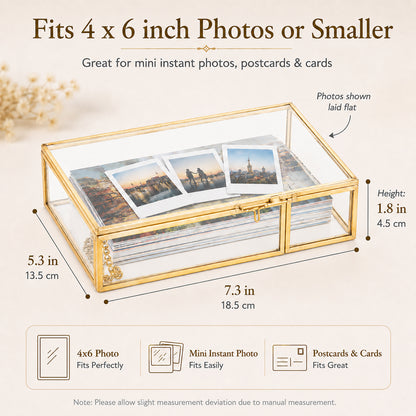 Gold Glass Keepsake Box with detailed measurements for product size reference