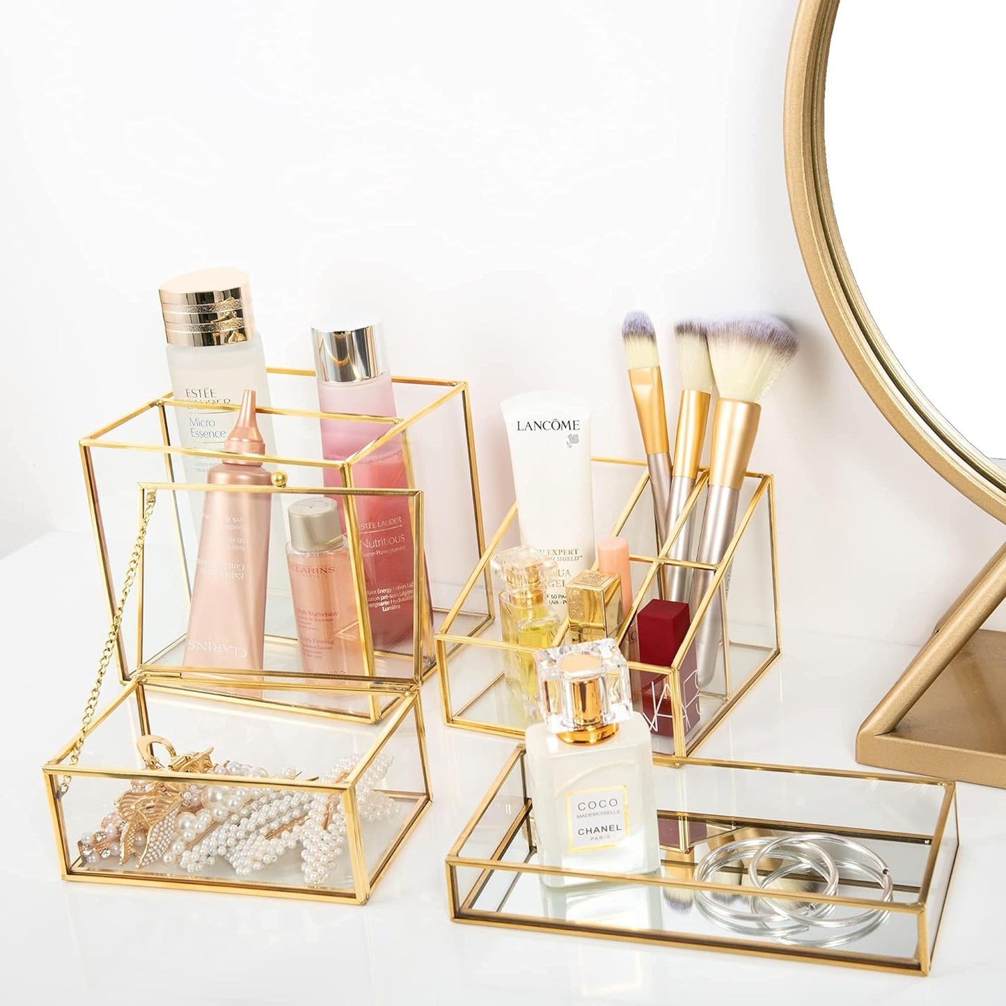 Gold Glass Organizer Box featured with coordinated glass organizers for a stylish and refined desktop arrangement