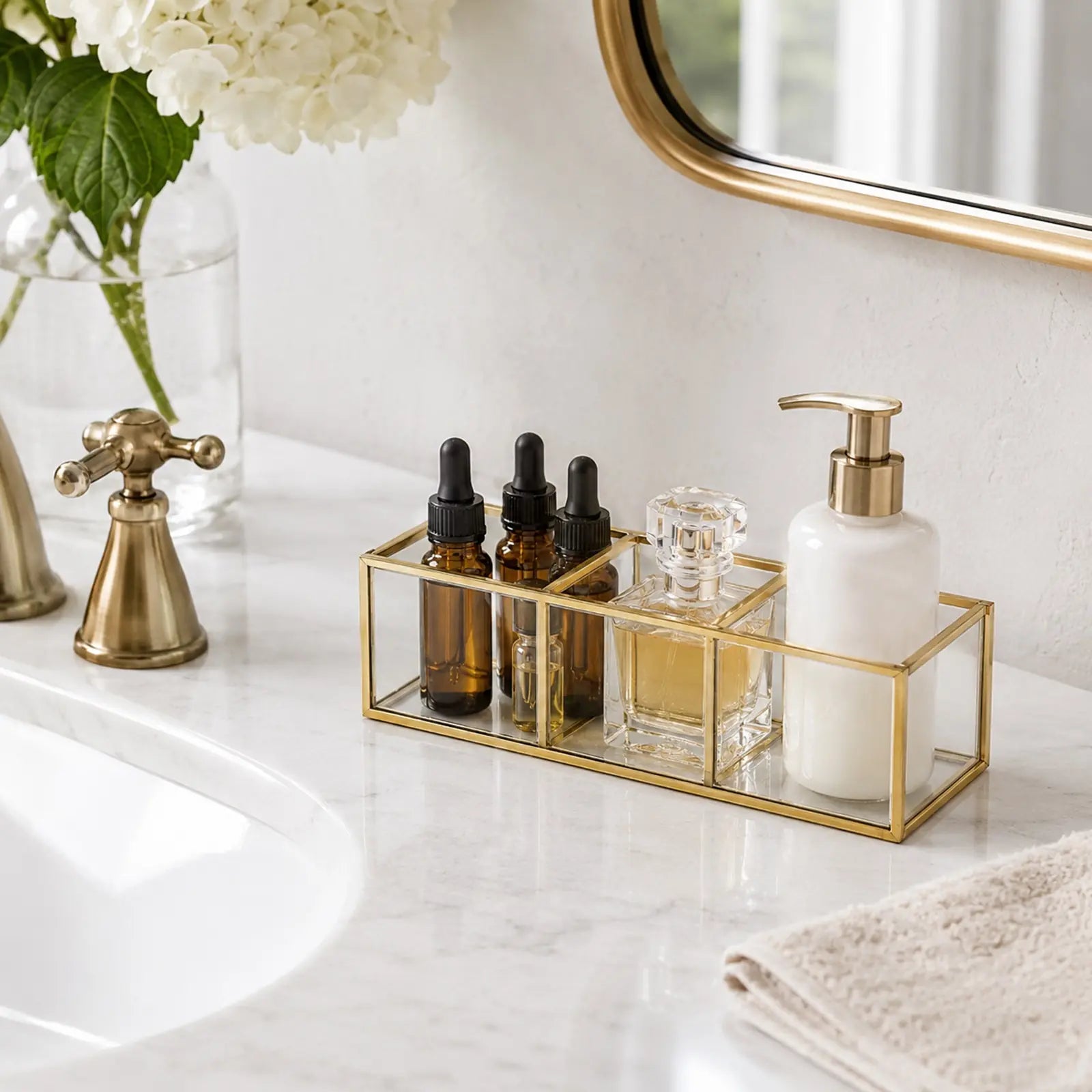 Multi-purpose Gold Glass Makeup Organizer Box for storing cleaning supplies on a bathroom sink