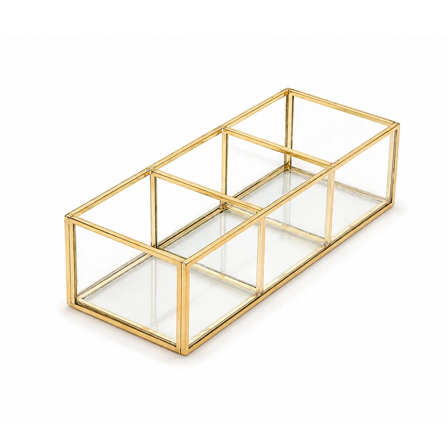 Gold Glass Makeup Organizer Box side view showcasing the clear glass panels and gold metal frame design