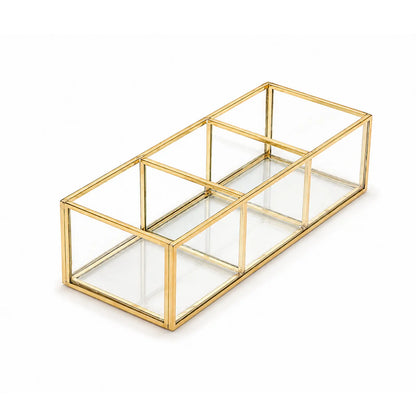 Gold Glass Makeup Organizer Box side view showcasing the clear glass panels and gold metal frame design