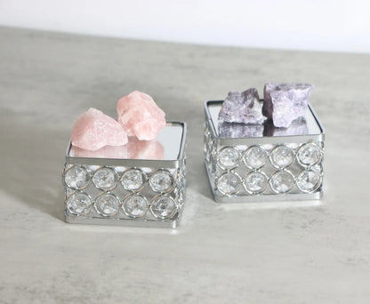 Elegant Silver Crystal Display Stand arranged with colorful crystals