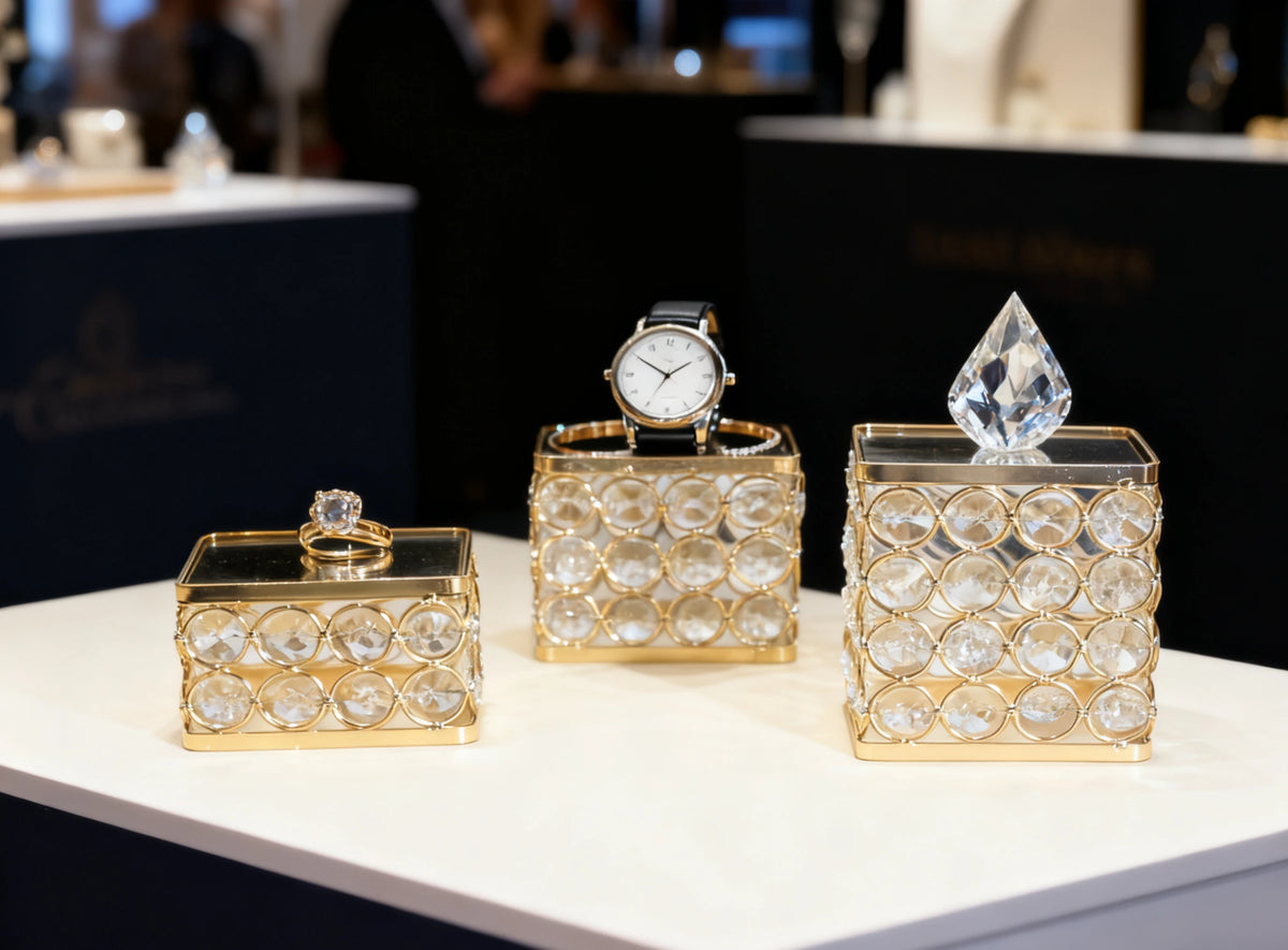 Feyarl Crystal Display Risers Set with three heights, mirrored tops, and sparkling crystal bead details