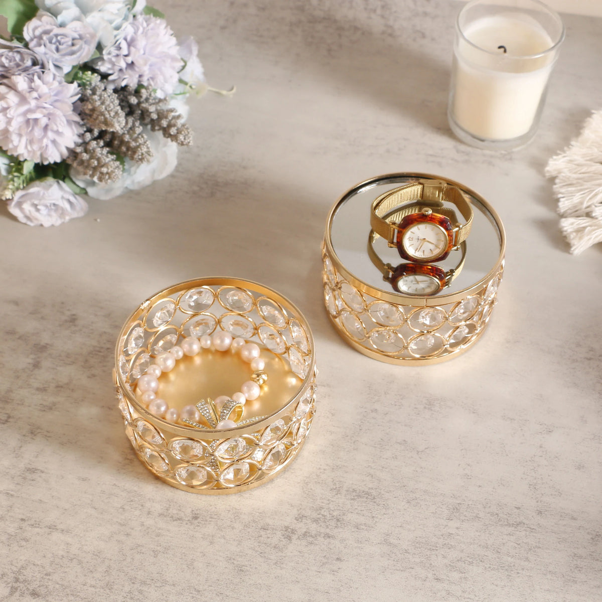 Display Risers used for organizing jewelry and small accessories with a refined tabletop look