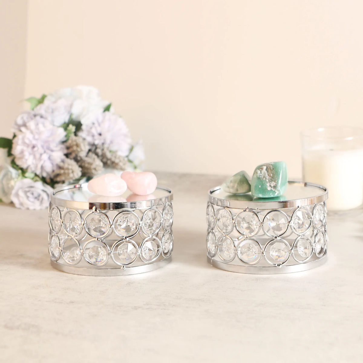 Refined Silver Display Platform enhancing crystal displays with a mirrored surface and elegant decorative design