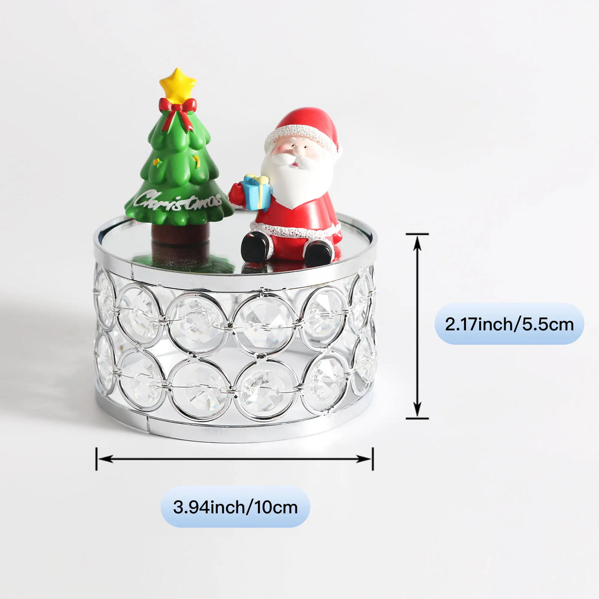 Compact Silver Display Platform showing detailed measurements with a 3.94 inch diameter base and 2.17 inch height
