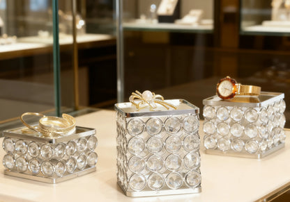 Refined Silver Crystal Display Stand styled with watches and daily décor pieces for an organized vanity display