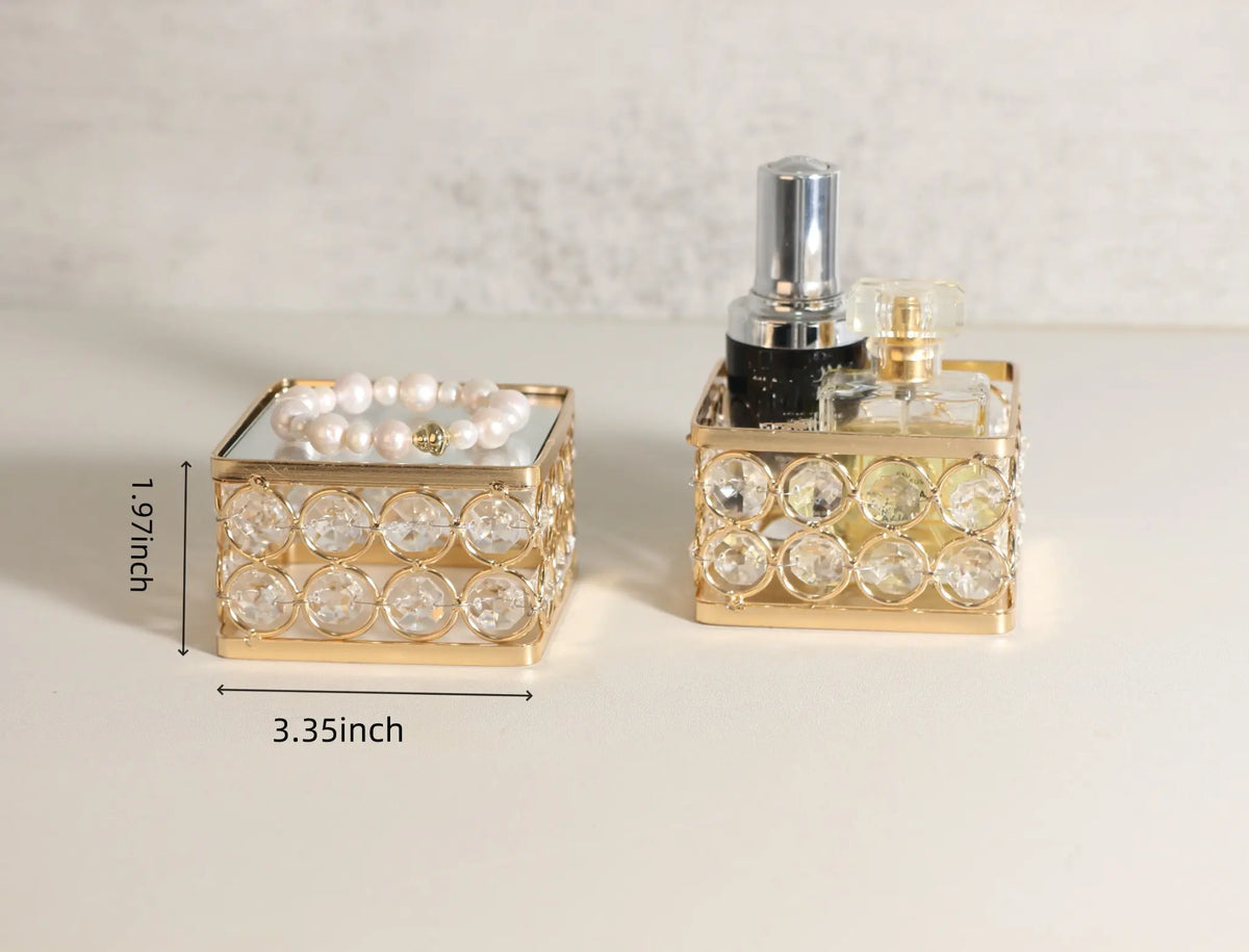 Gold Crystal Display Pedestal showing size details with a 3.35 inch base and 1.97 inch height