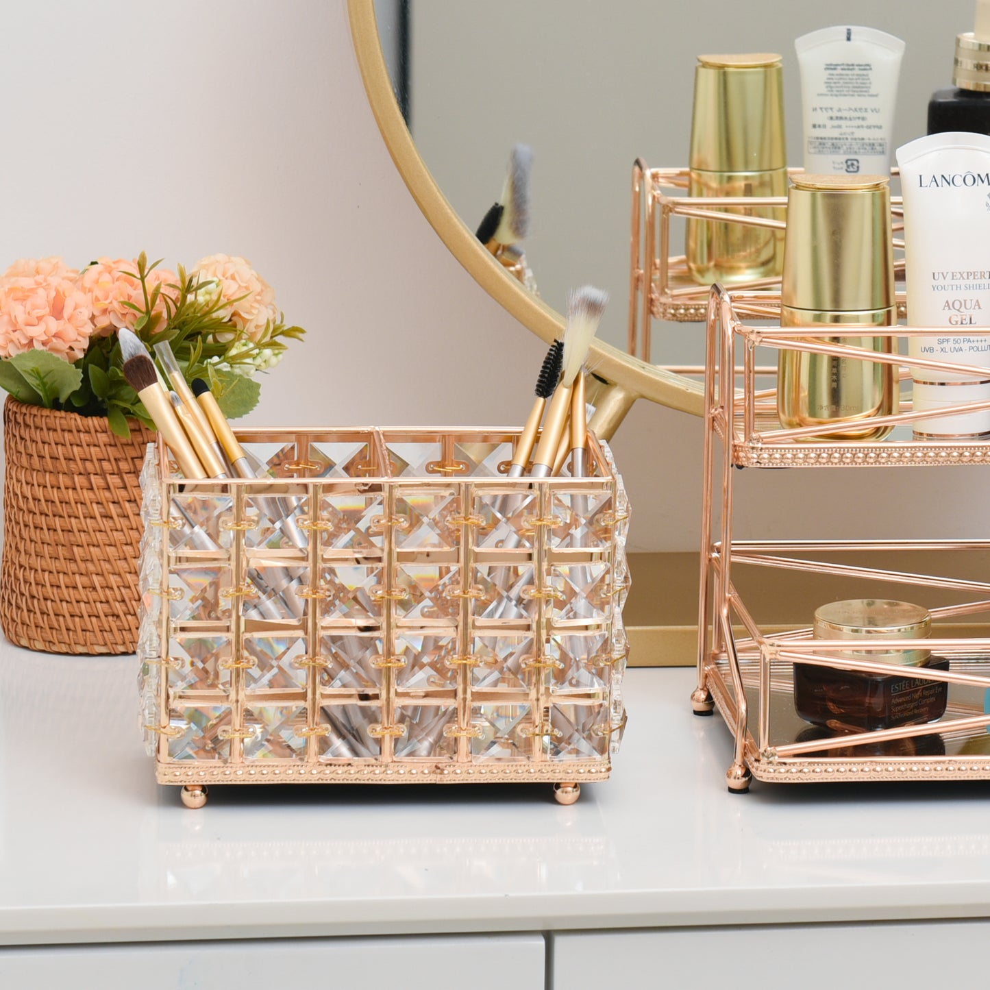 Makeup Brush Holder displayed on a vanity table with an elegant crystal design for beauty organization