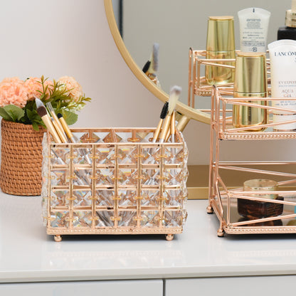 Makeup Brush Holder displayed on a vanity table with an elegant crystal design for beauty organization