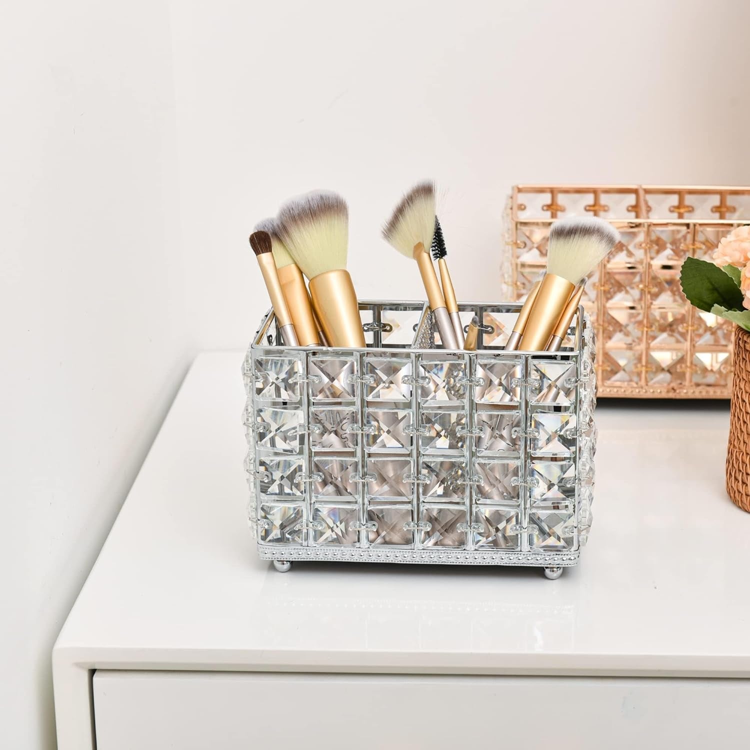 Silver Crystal Organizer enhancing tabletop spaces with a refined crystal design and versatile storage for everyday essentials