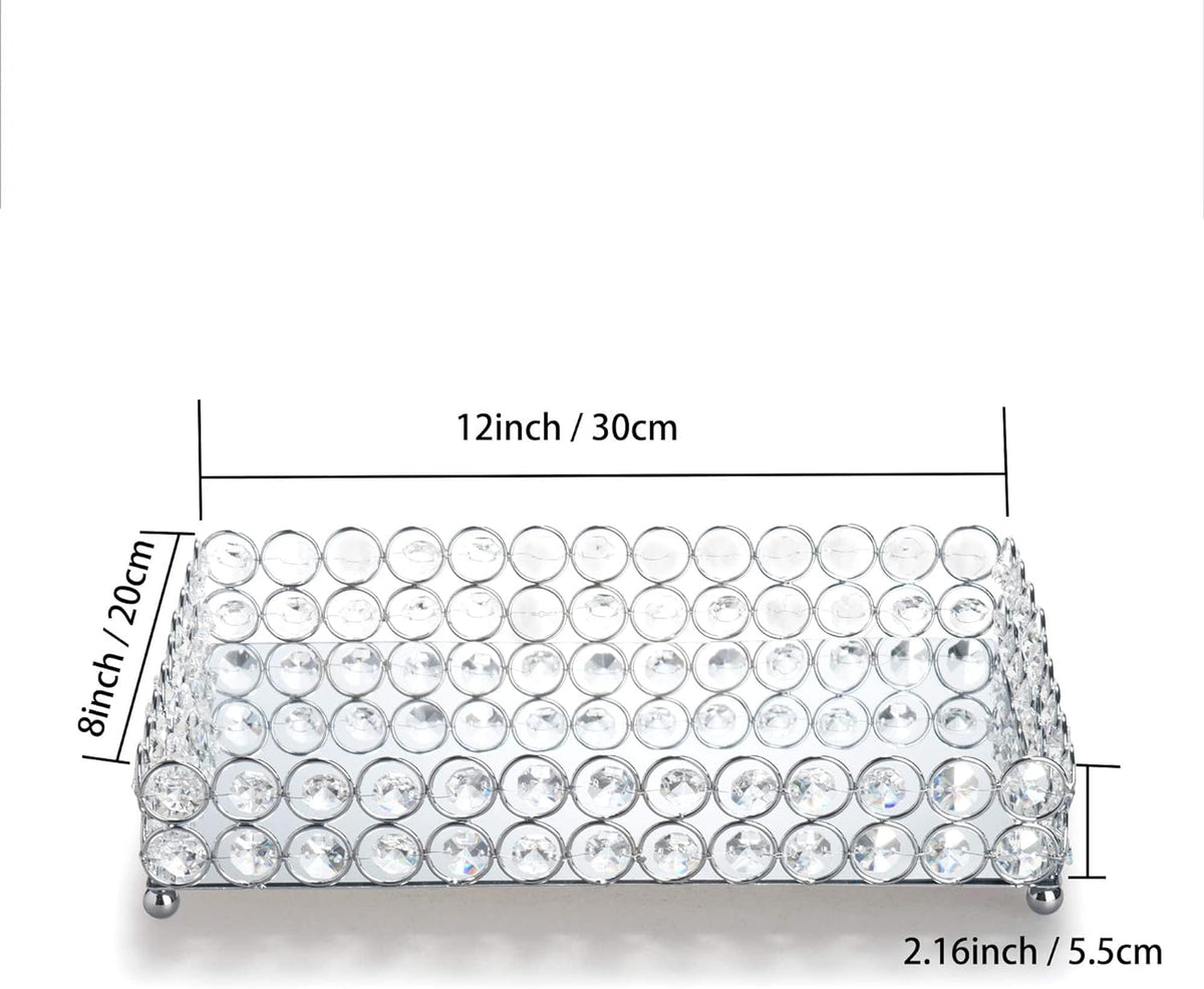 Crystal Vanity Tray size guide showing overall dimensions of 12 x 8 x 2.16 inches
