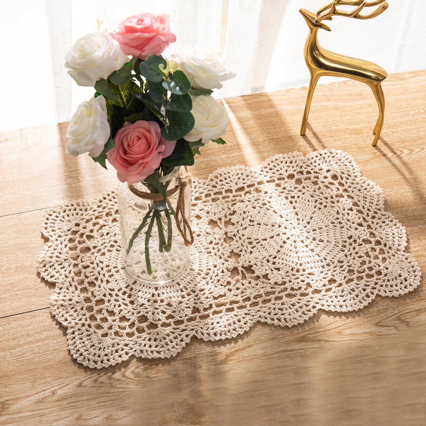 Eiyye 2-Pieces Handmade Cotton Crochet Doilies Rectangle Lace Table Crochet Placemats 10.6X16.9 Inch (White)