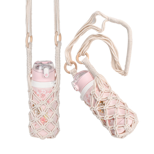 2-Pieces Crochet Water Bottle Bag Cotton Crochet Crossbody Water Bottle Bag, Boho Bottle Carrier Water Bottle Holder with Strap Handmade Water Bottle Holder