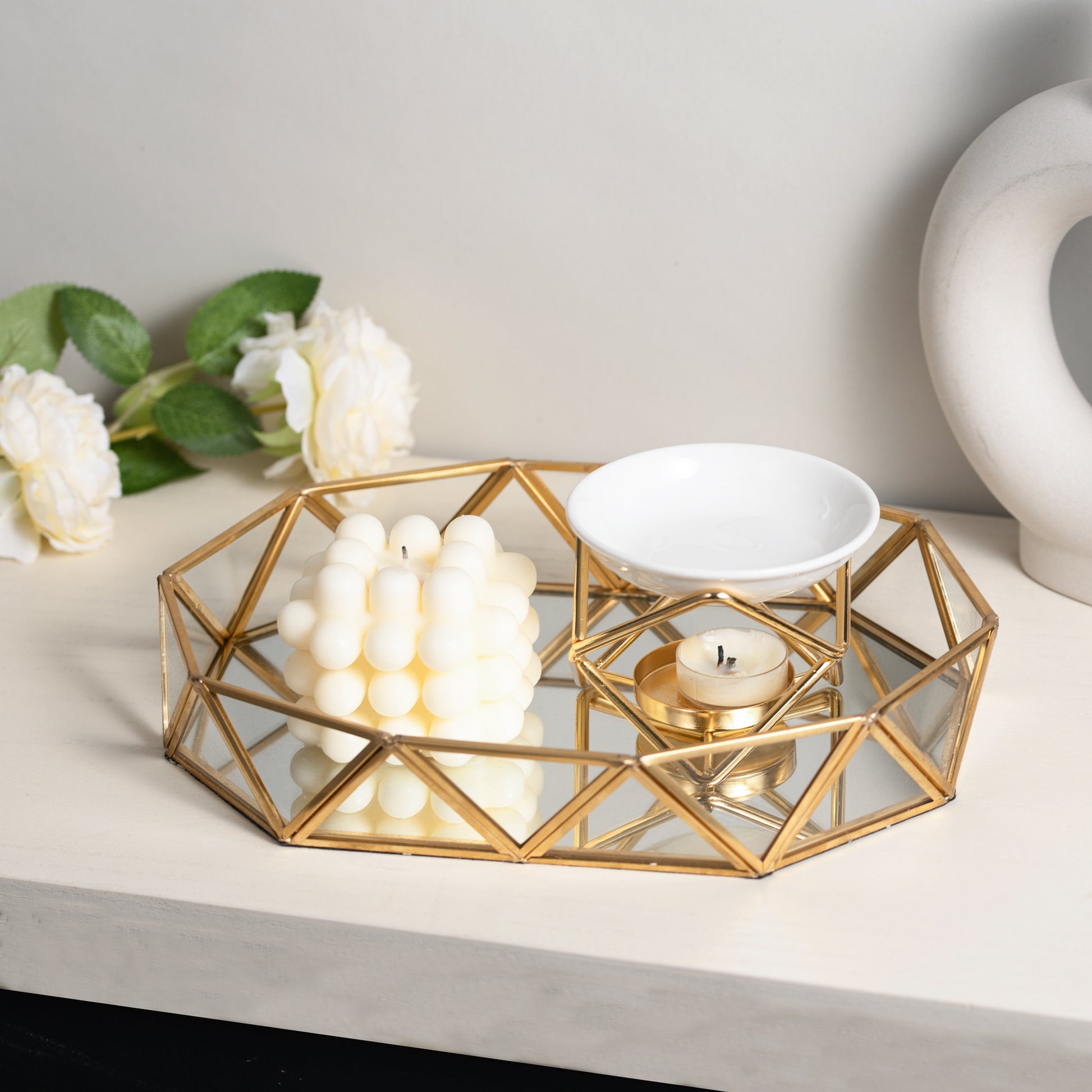 Feyarl Gold Clear Glass Mirror Makeup Vanity Tray Jewelry Organizer Ornate Octagonal Shape Cosmetic Perfume Display Decorative Tray for Home Decor Dresser Tabletop Countertop (13.7 Inch)