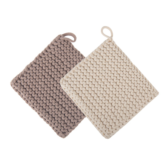 Eiyye Thick Crocheted Pot Holders, Handmade Hot Pads without Pocket (2-Pack), 8"X8", High Heat Resistance (White and Taupe)