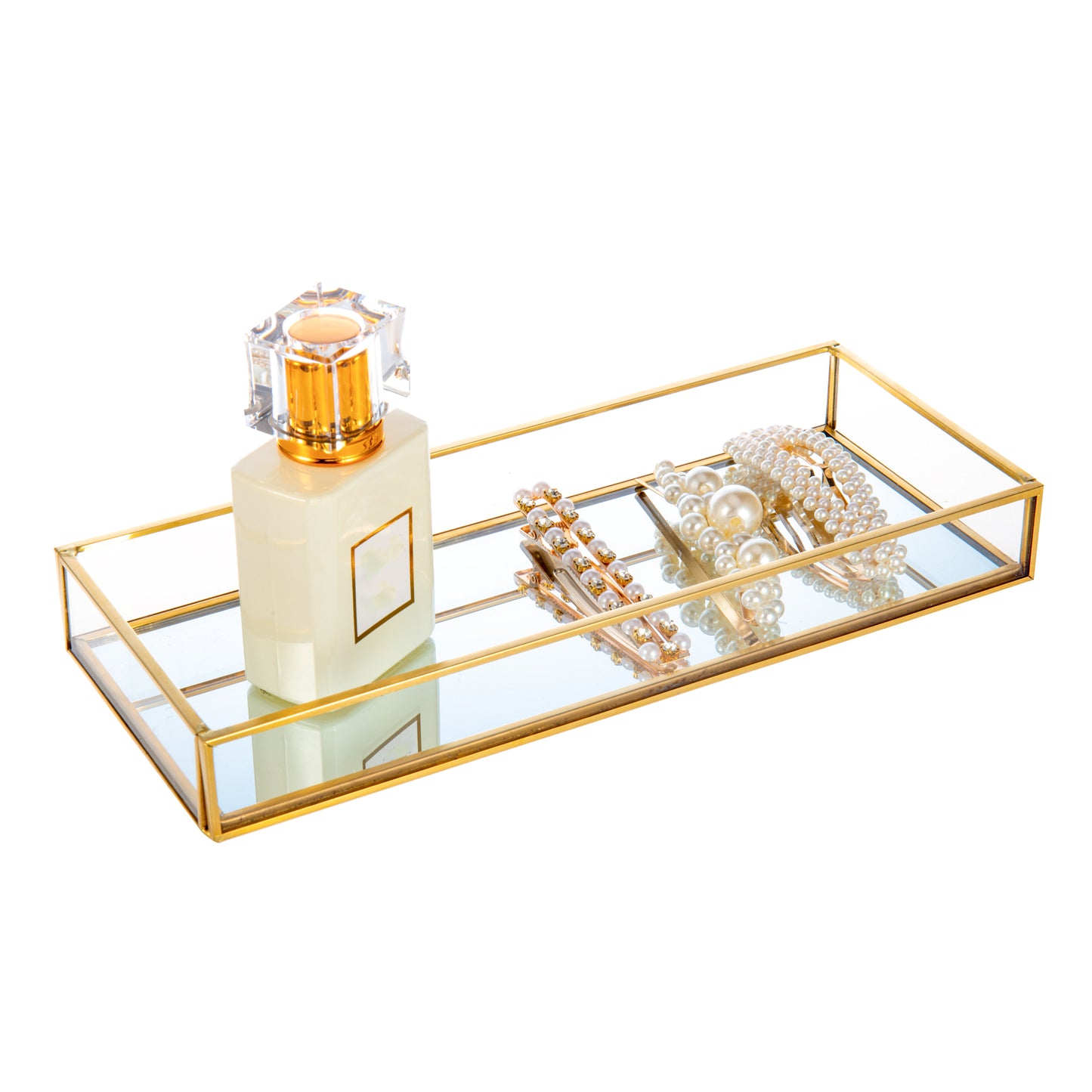 Feyarl Clear Glass Vanity Tray with elegant gold edges for organizing jewelry and decorative items