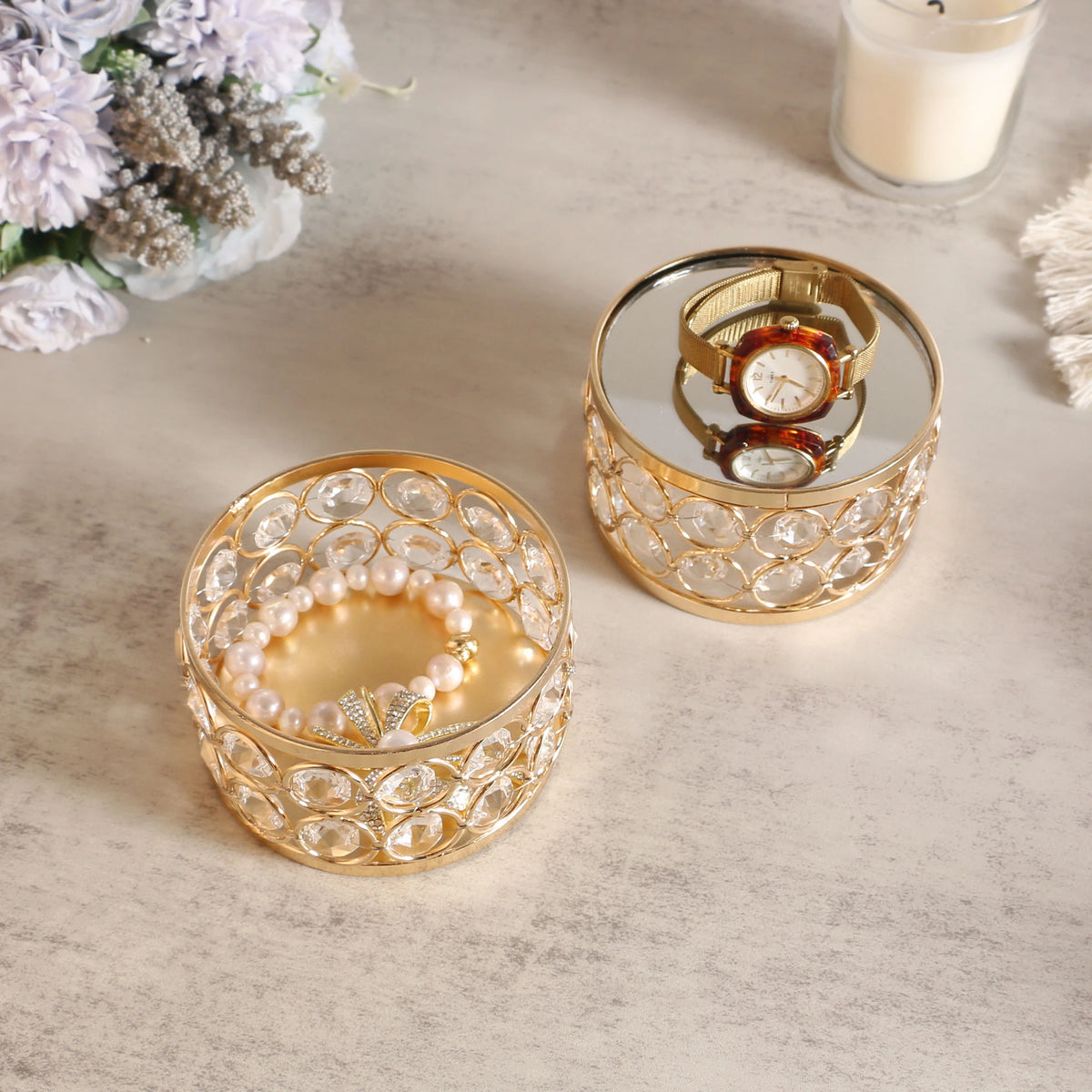 Crystal Display Stand arranged with bracelets and a watch, combining decorative display and organized storage functions