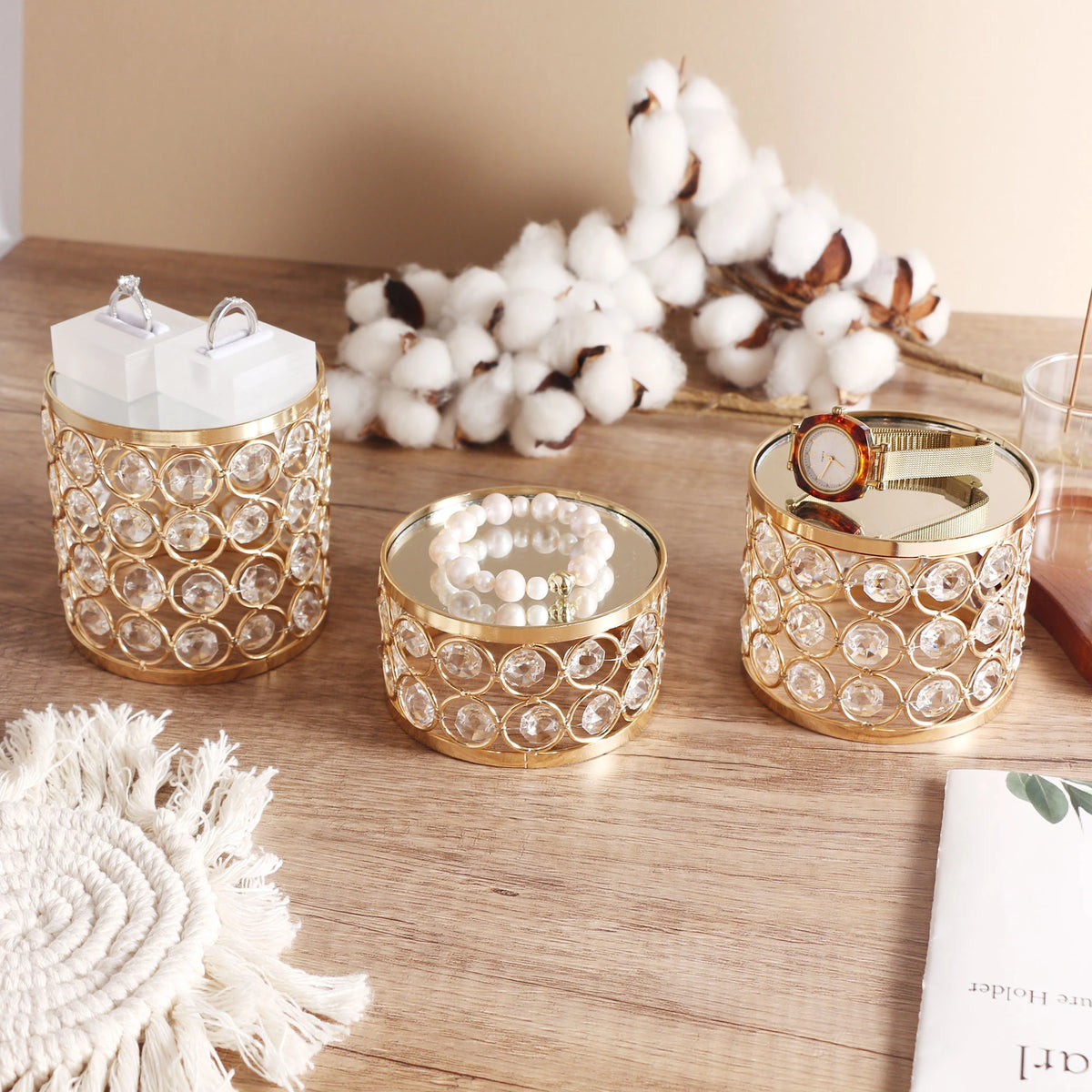 Gold Crystal Riser Set arranged with jewelry on three height levels, creating a layered and customizable display