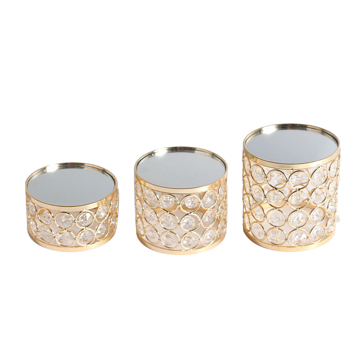Feyarl Crystal Display Set featuring three round riser stands with mirrored tops and sparkling crystal bead details