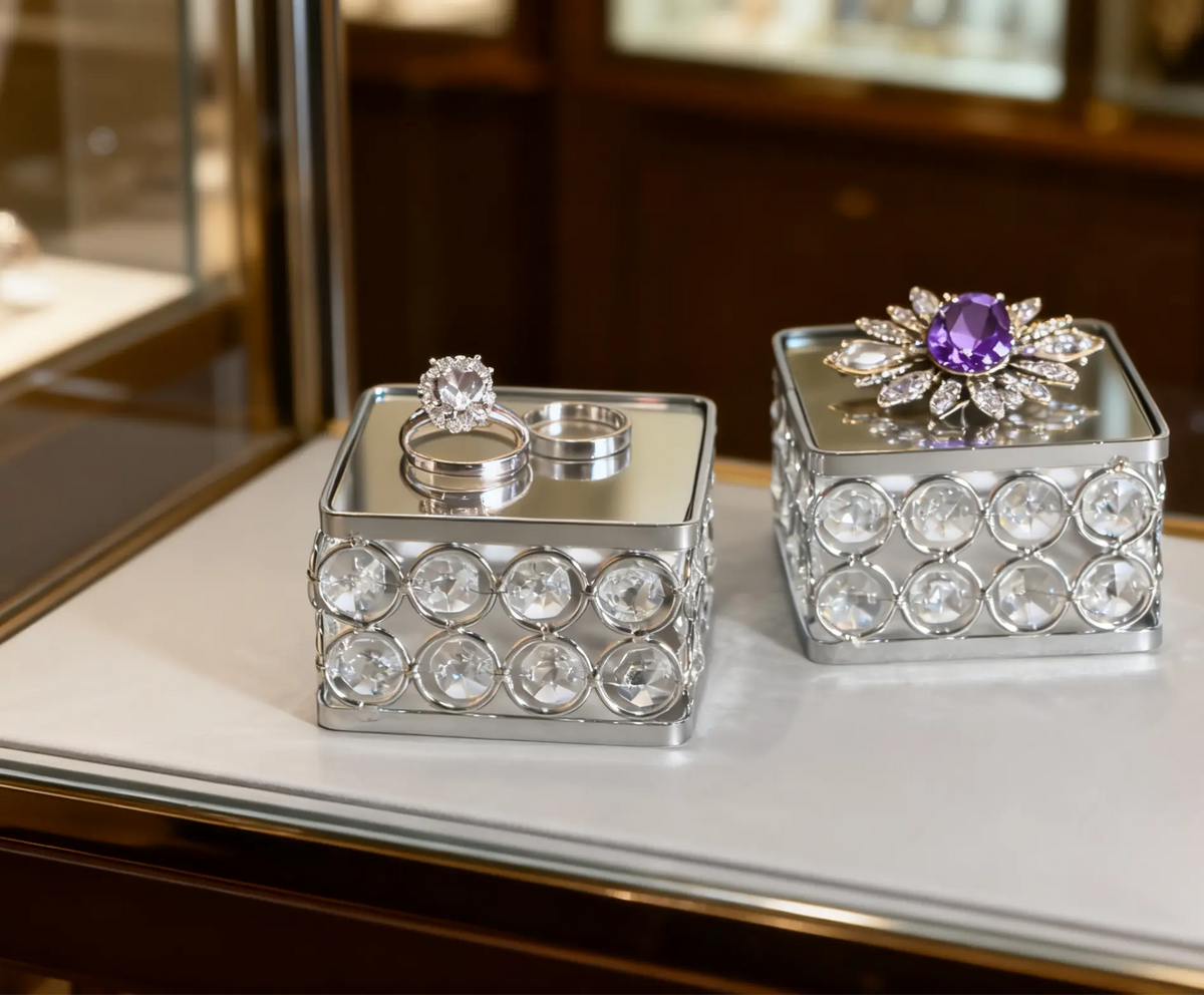 Crystal Display Stand with jewelry displayed in a cabinet for an elegant retail presentation