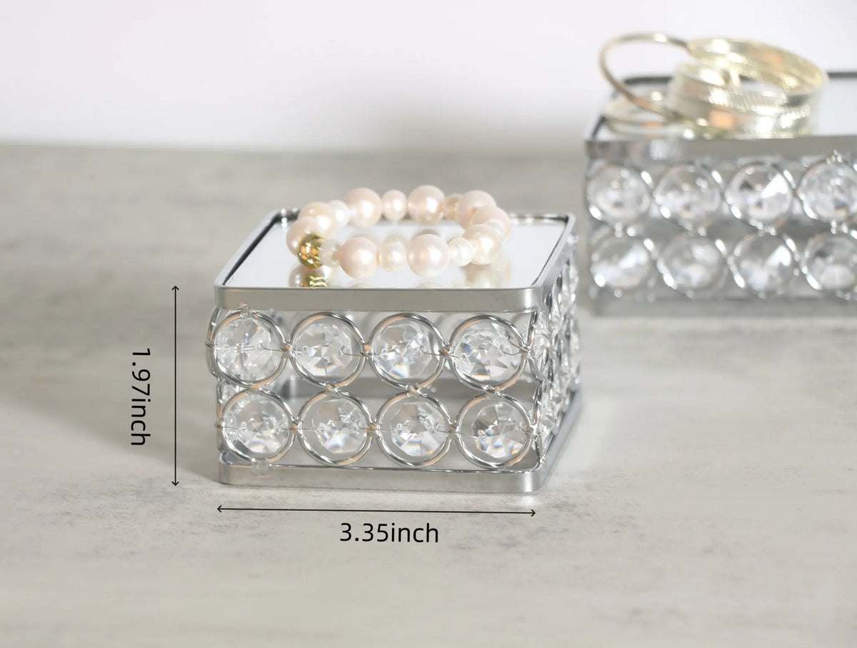 Silver Crystal Display Stand with measurement details showing its 3.35 inch base and 1.97 inch height
