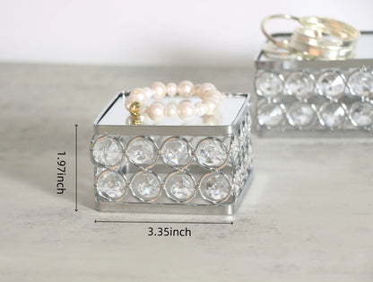 Silver Crystal Display Stand with measurement details showing its 3.35 inch base and 1.97 inch height