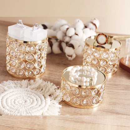 Gold Crystal Display Risers with jewelry arranged at three height levels for a layered display