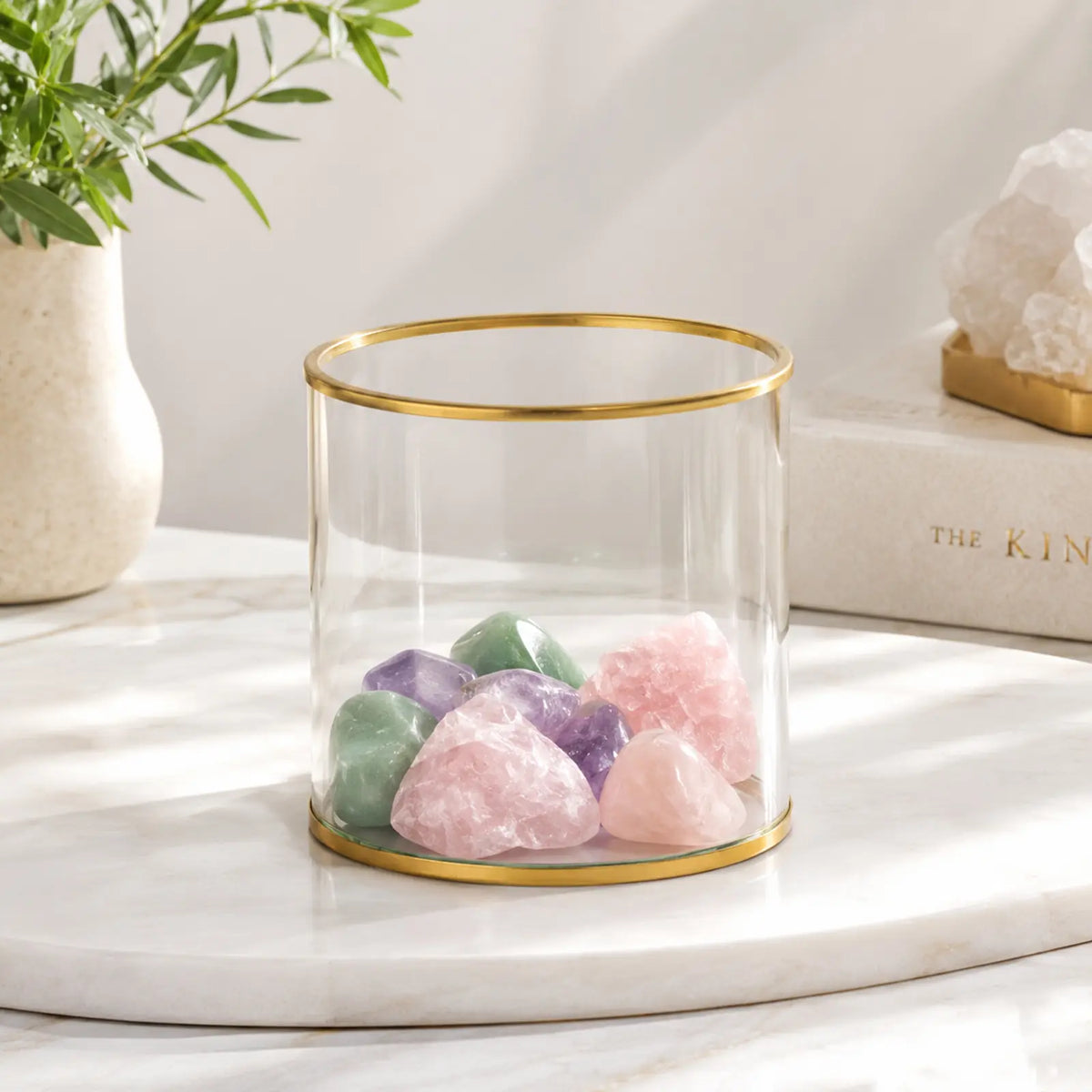 Glass Storage Container displaying colorful crystals with an elegant decorative touch