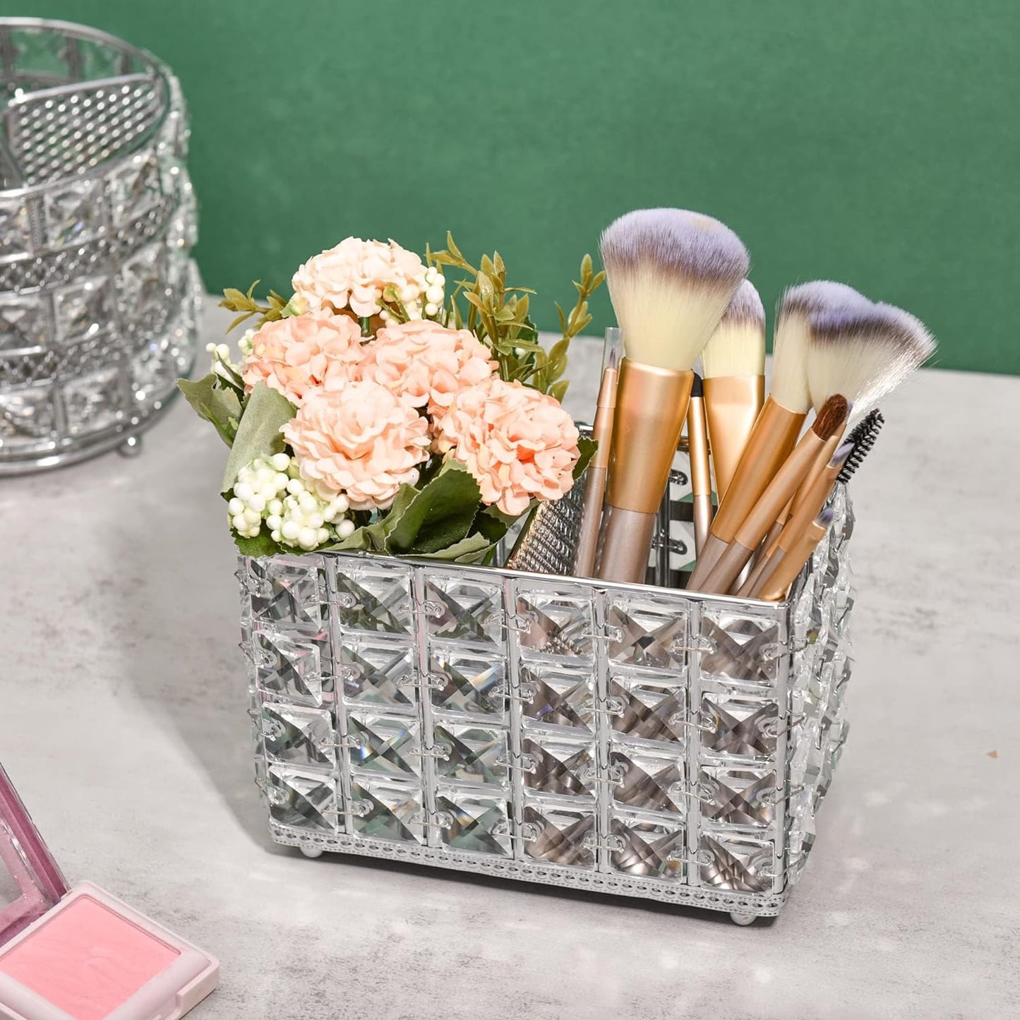 Crystal Organizer with divided sections holding flowers and makeup brushes for versatile storage and decorative display