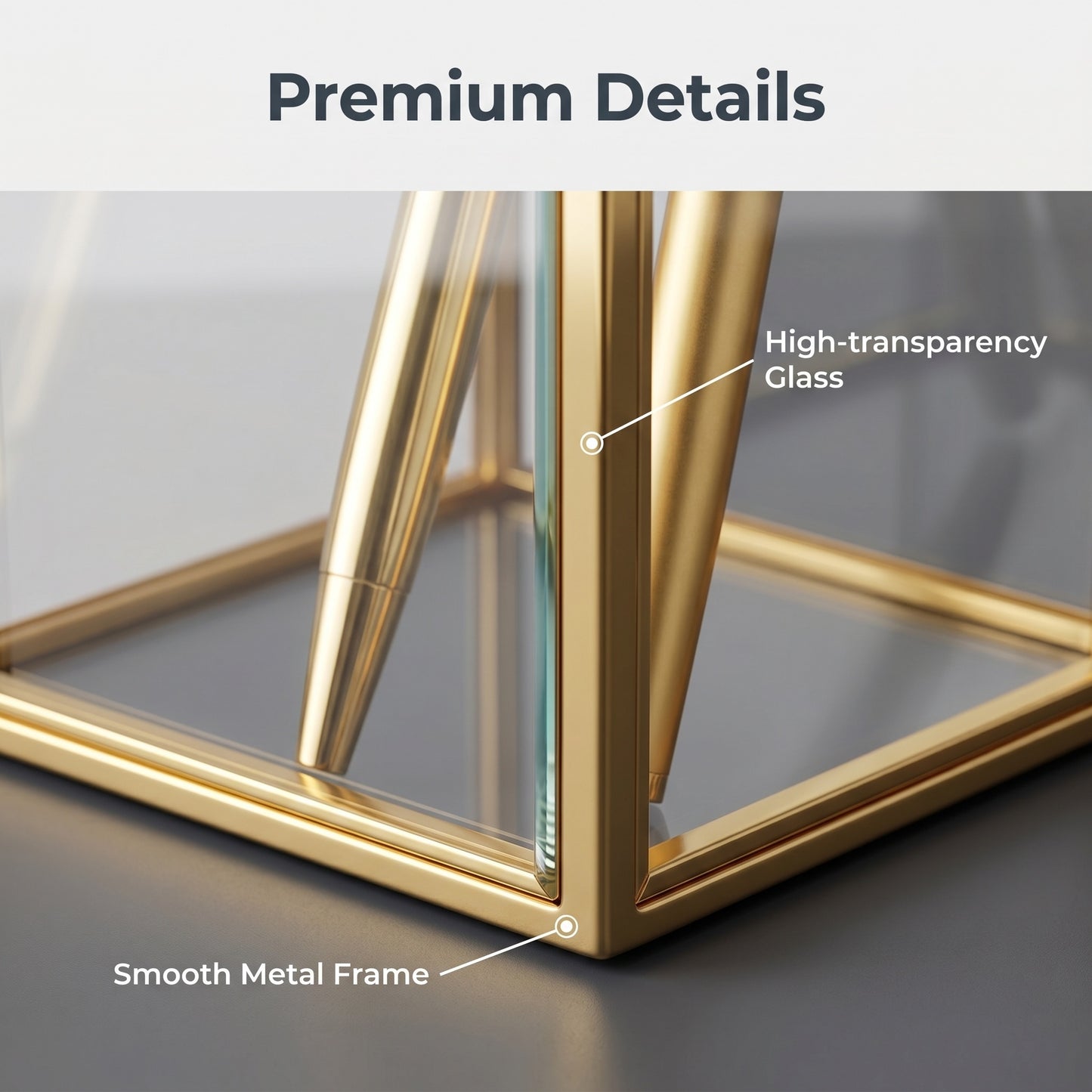 Feyarl Clear Glass Pen Holder Featuring High Transparency Glass and Smooth Gold Metal Frame