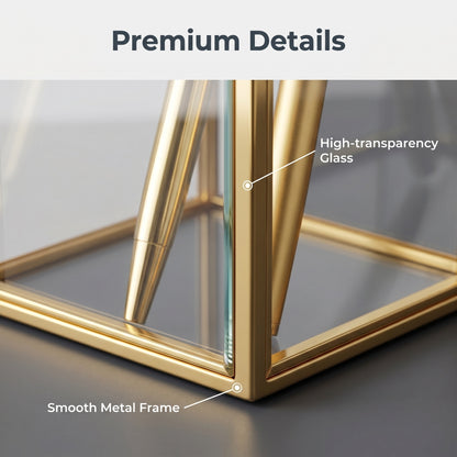Feyarl Clear Glass Pen Holder Featuring High Transparency Glass and Smooth Gold Metal Frame