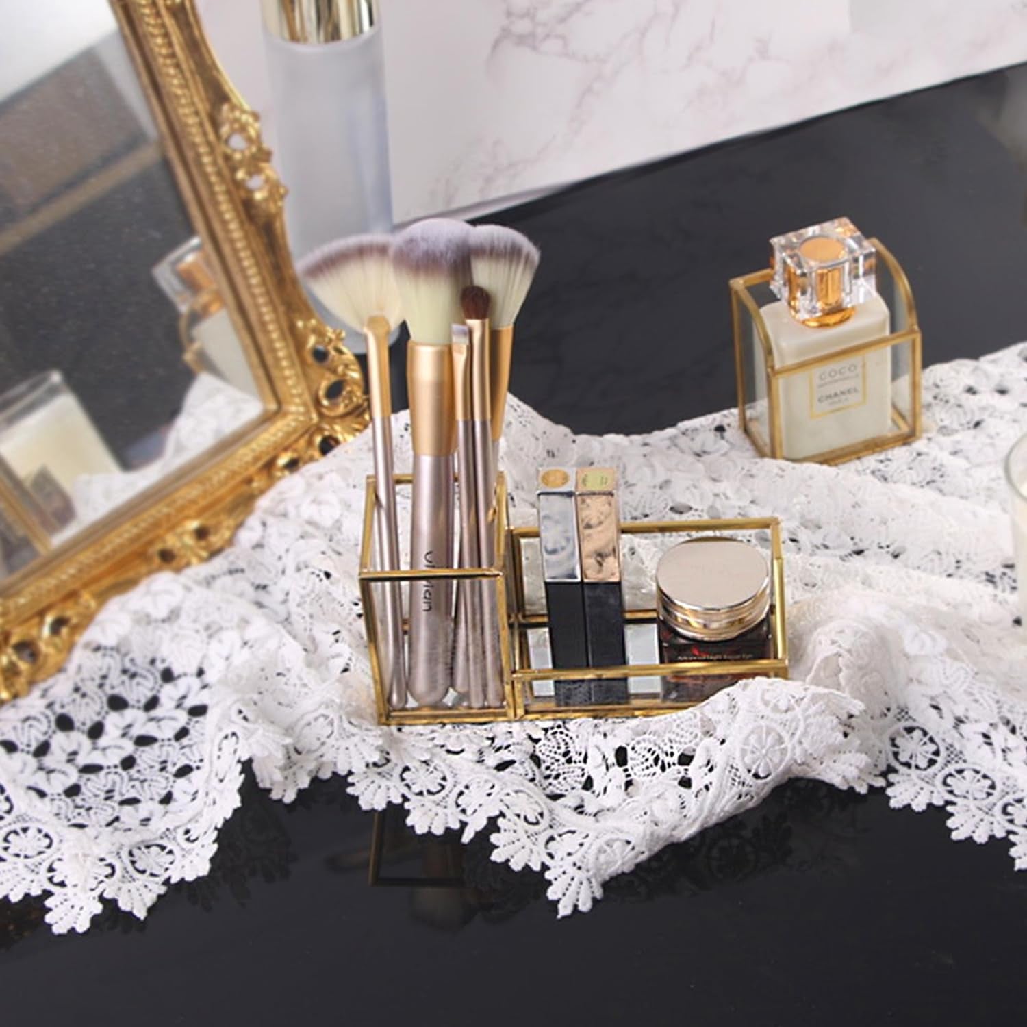 Versatile Gold Glass Organizer with makeup items on a vanity, adding elegant storage to the dressing space
