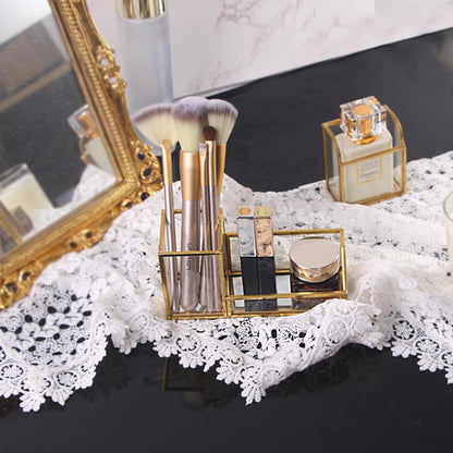 Versatile Gold Glass Organizer with makeup items on a vanity, adding elegant storage to the dressing space