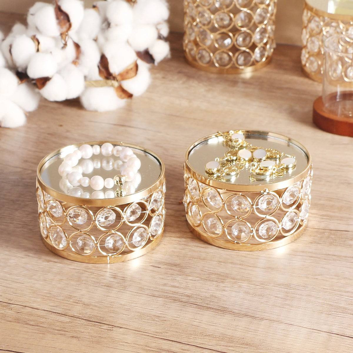 Refined Gold Crystal Display Stand arranged with jewelry accessories