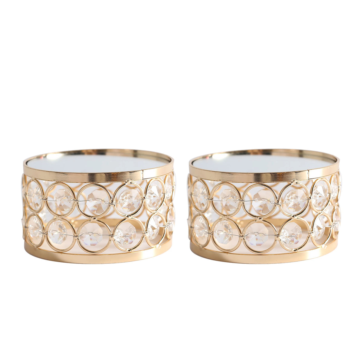 Feyarl Refined Gold Crystal Display Riser with a round mirrored surface and crystal bead design for elegant item presentation