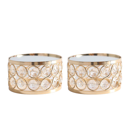 Feyarl Refined Gold Crystal Display Riser with a round mirrored surface and crystal bead design for elegant item presentation
