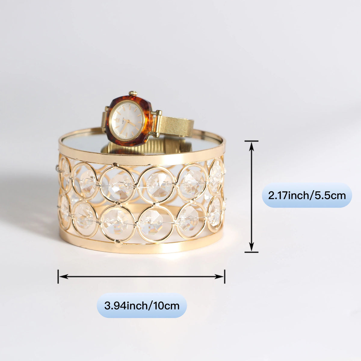 Refined Crystal Display Stand showing size details with a 3.94 inch base diameter and 2.17 inch height measurement