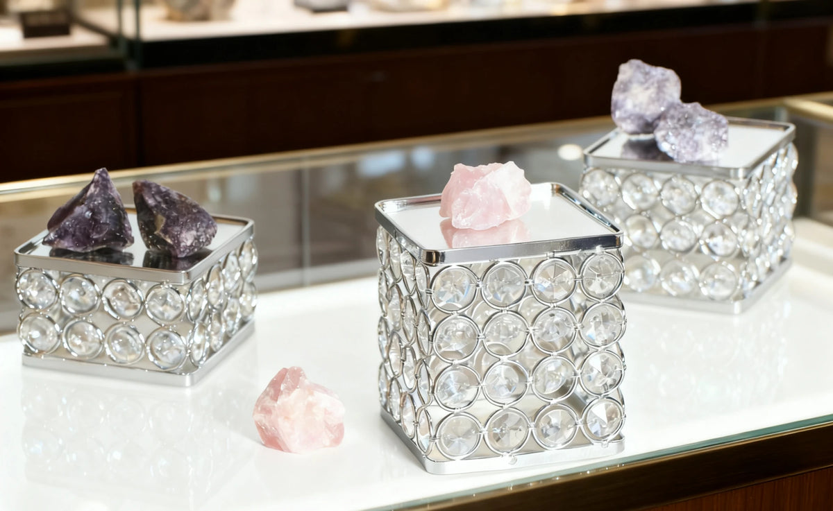 Display Stand elevating colorful crystals with mirrored reflections and sparkling bead details