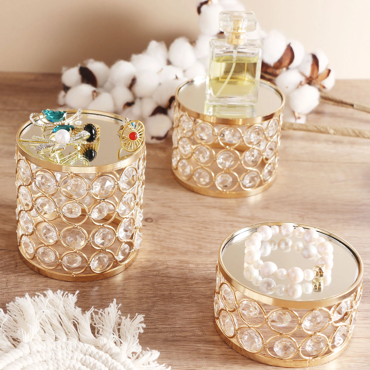 Crystal Display Risers with gemstone reflections creating an elegant and sparkling atmosphere