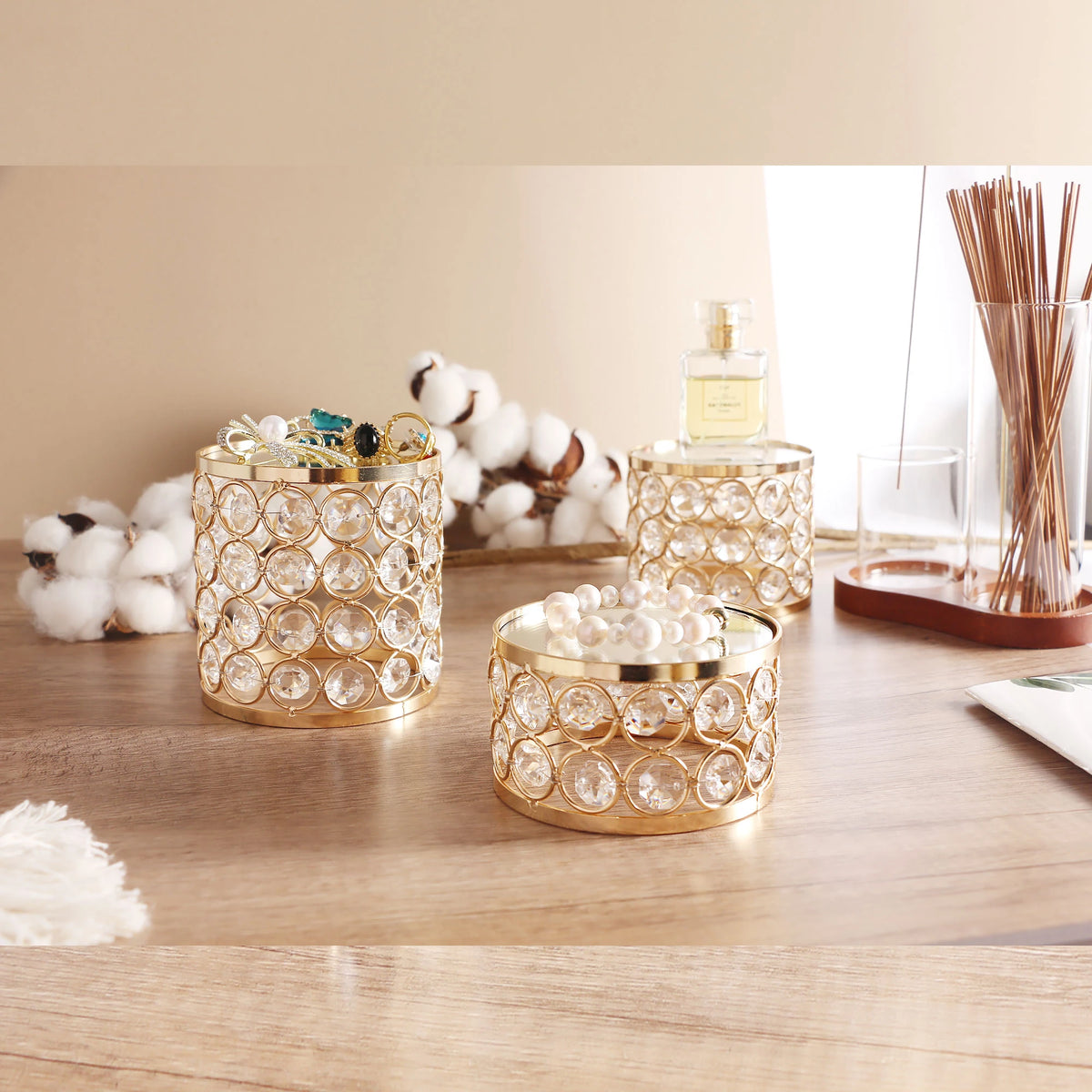 Crystal Display Stand styled with jewelry pieces, highlighting its mirrored tops and sparkling crystal bead details
