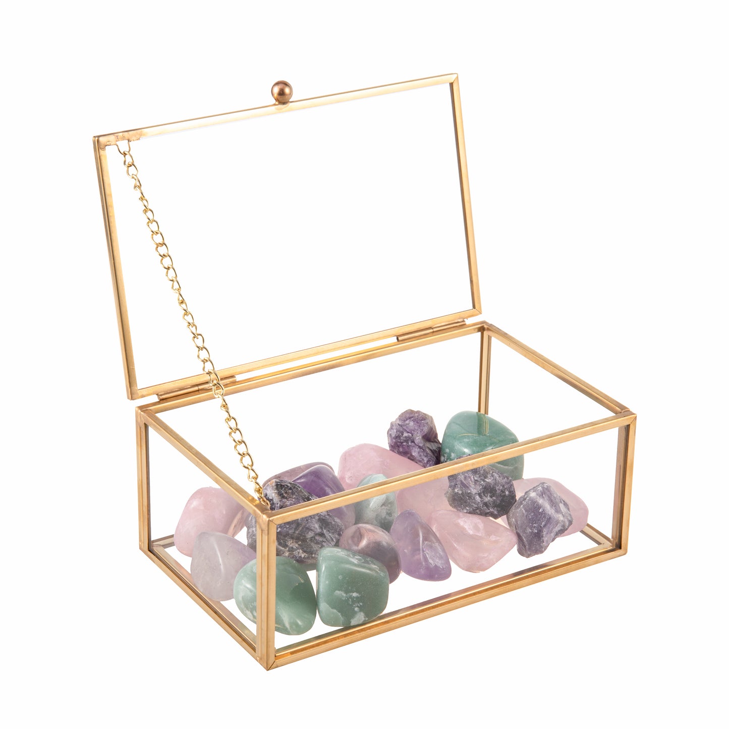 Gold Glass Jewelry Box displaying crystals with a clear glass design and elegant gold frame