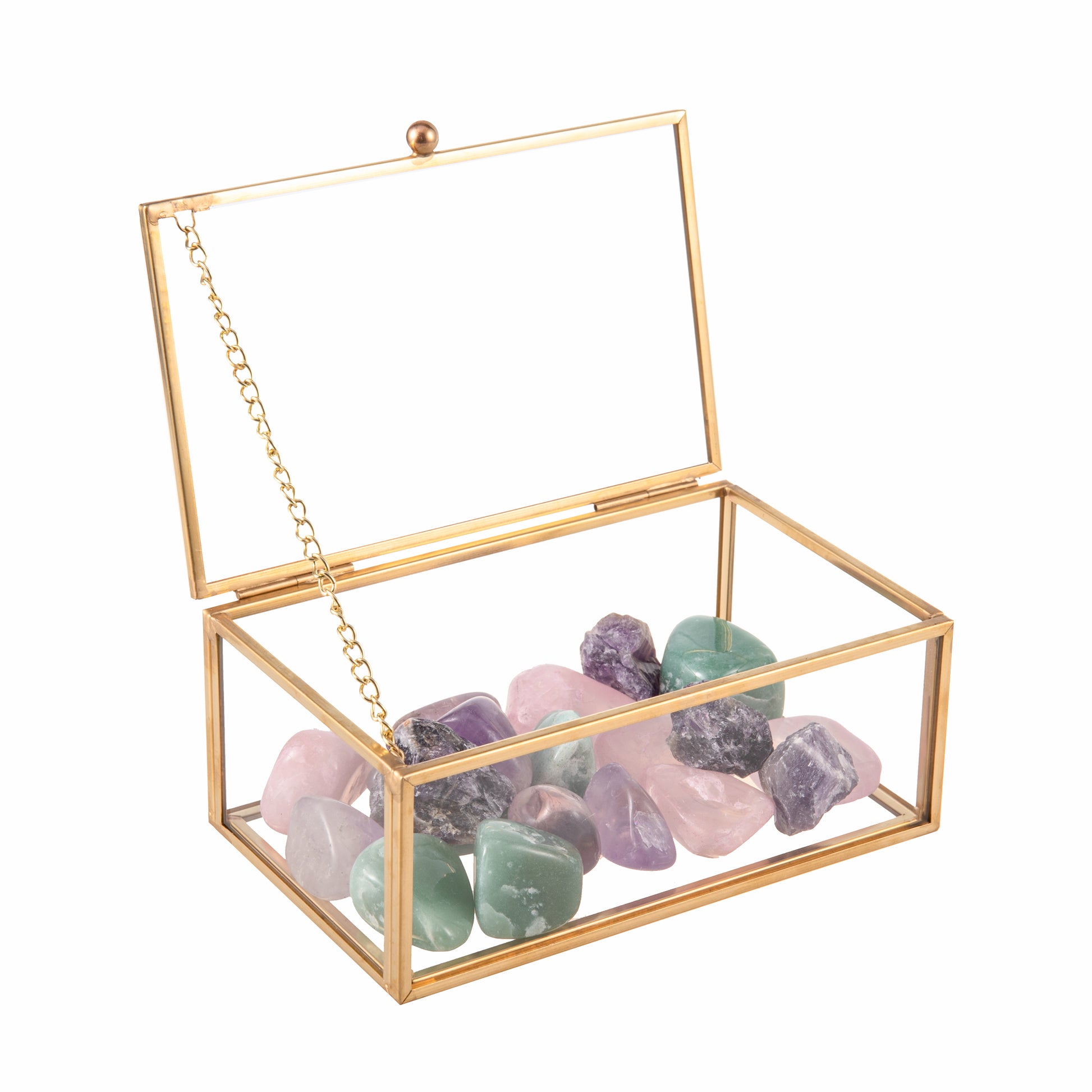 Gold Glass Jewelry Box displaying crystals with a clear glass design and elegant gold frame