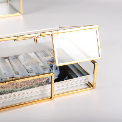 Gold Glass Keepsake Box showcasing the elegant lid detail and polished metal frame design