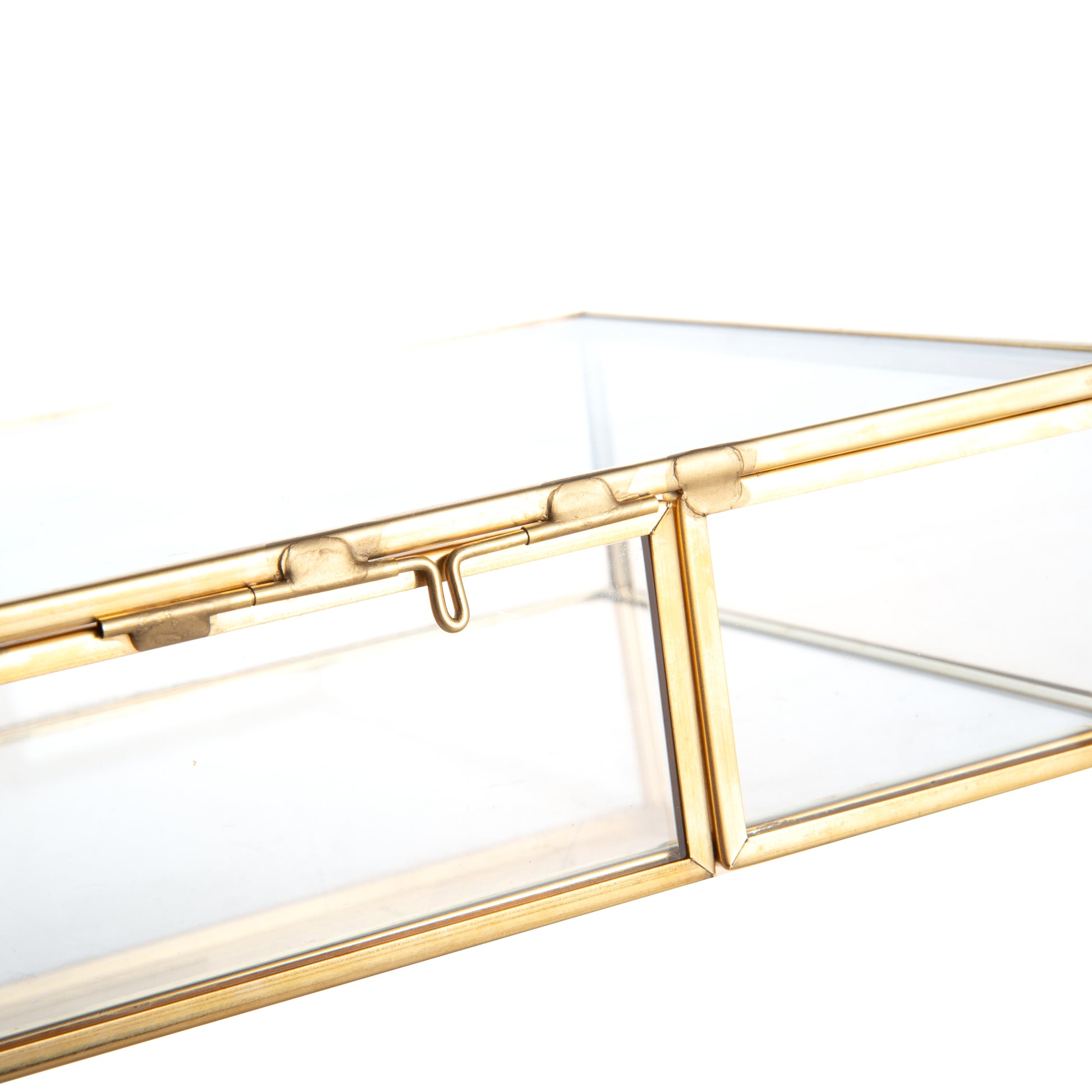 Gold Glass Display Box featuring a detailed metal latch design for easy and secure opening and closing